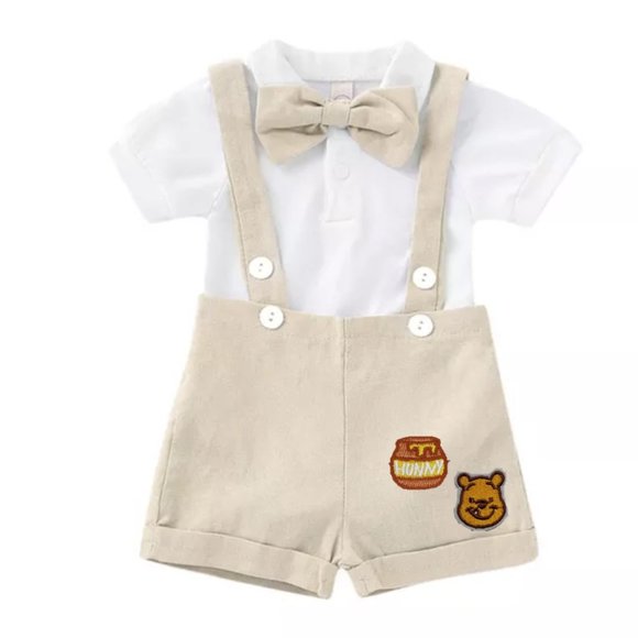 Classic Winnie the Pooh Beige Boy First Birthday Outfit Clothes Suspenders - Picture 1 of 9